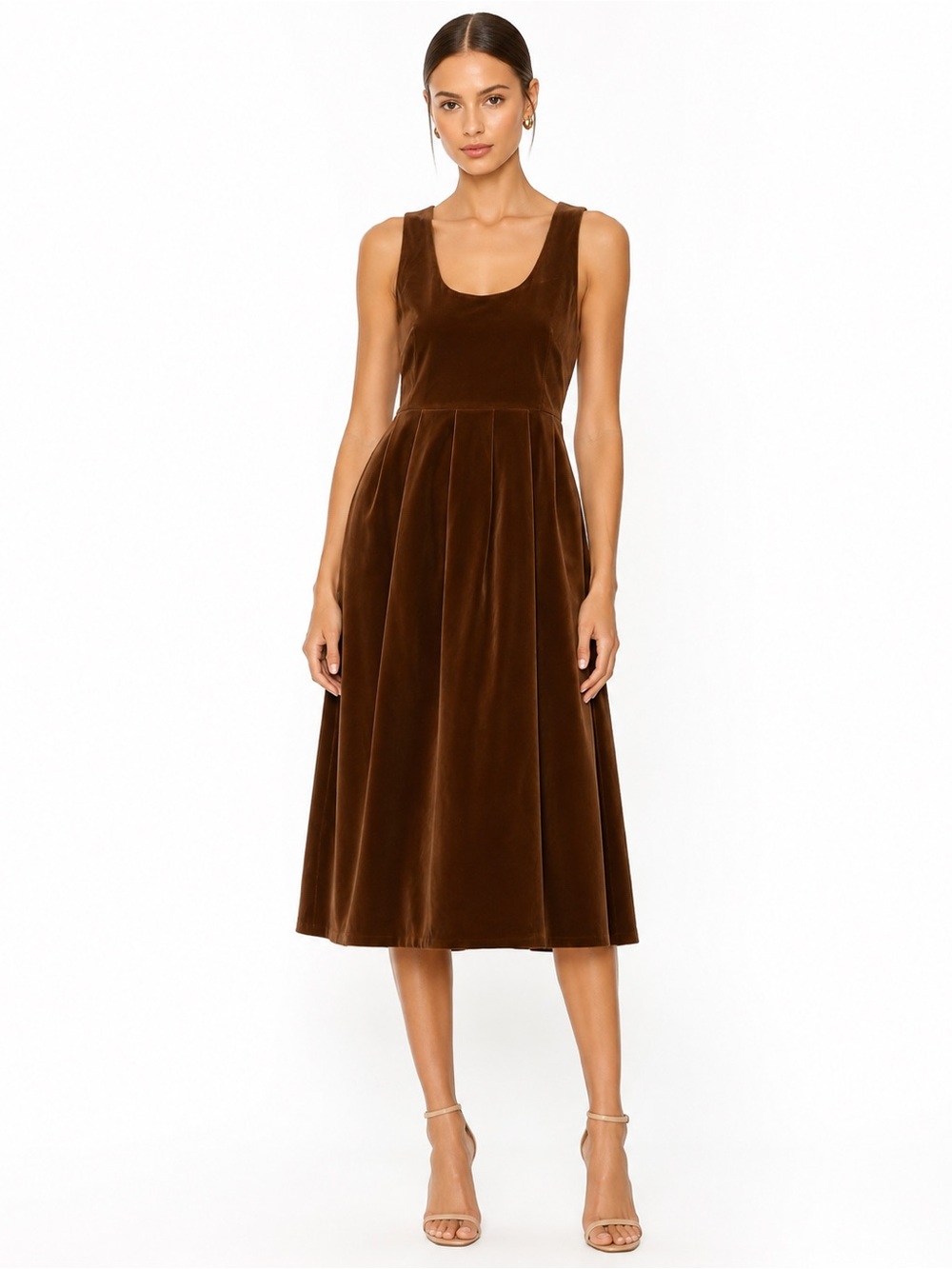 Classic Velvet Scoop Neck Midi Dress in Brown